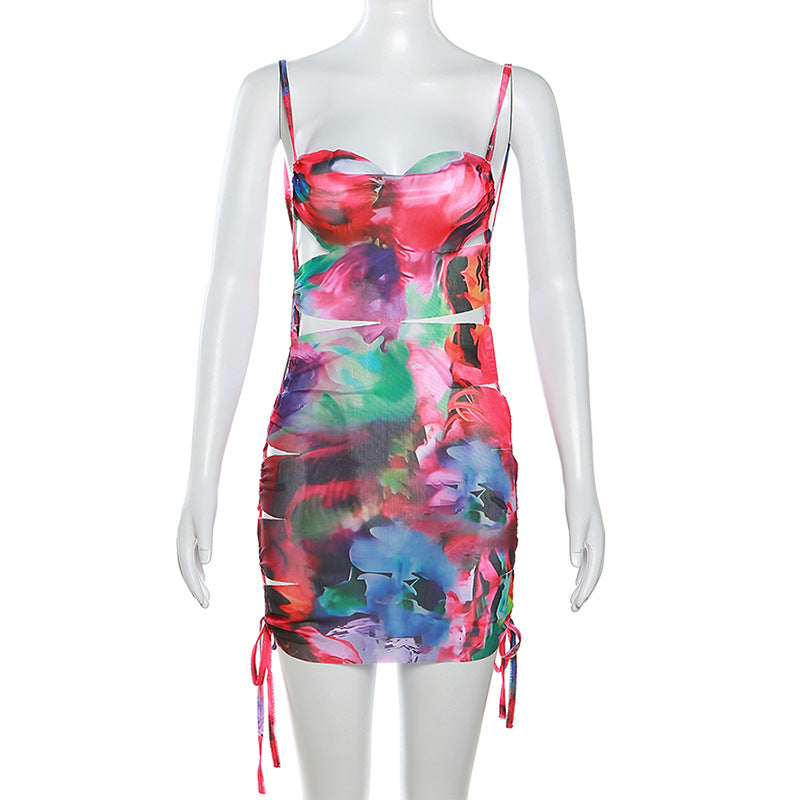Women's Fashion Suspenders Hollow Backless Printed Dress