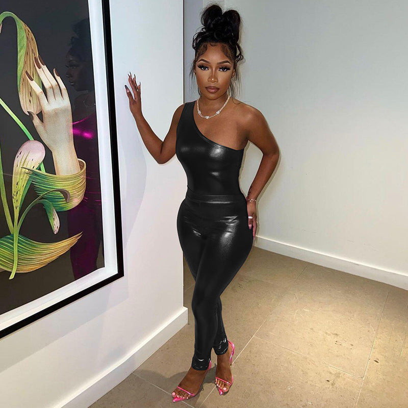 Shiny One Shoulder Top High Waist