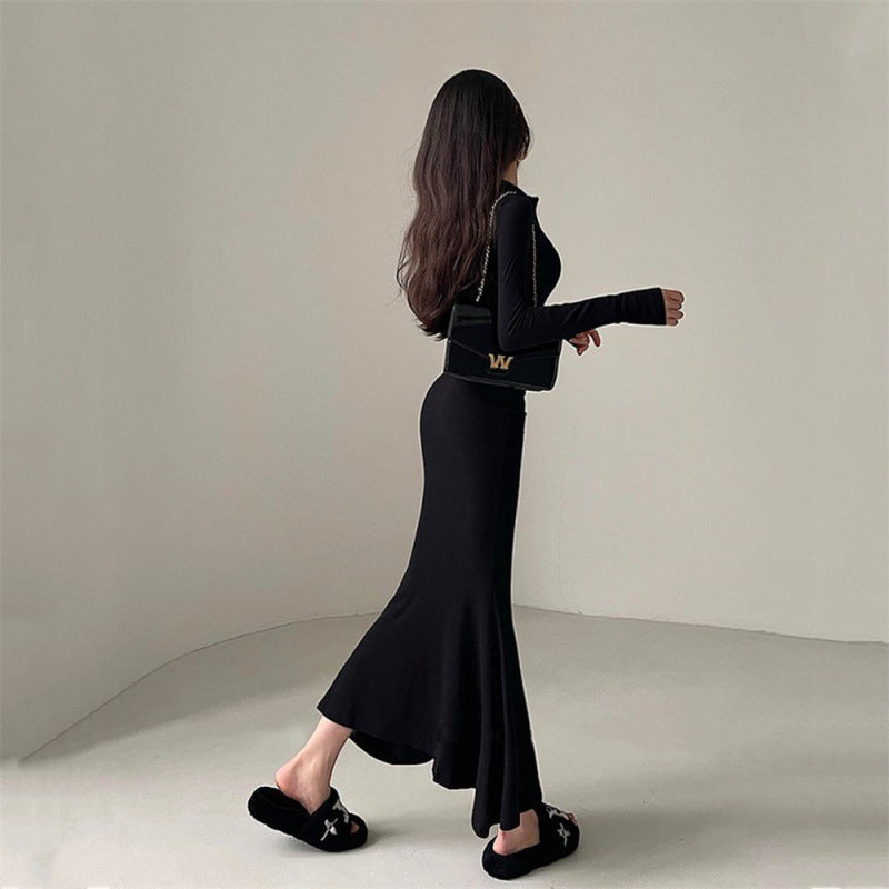 Tight Zipper And Lapel Long Sleeve Fishtail Dress