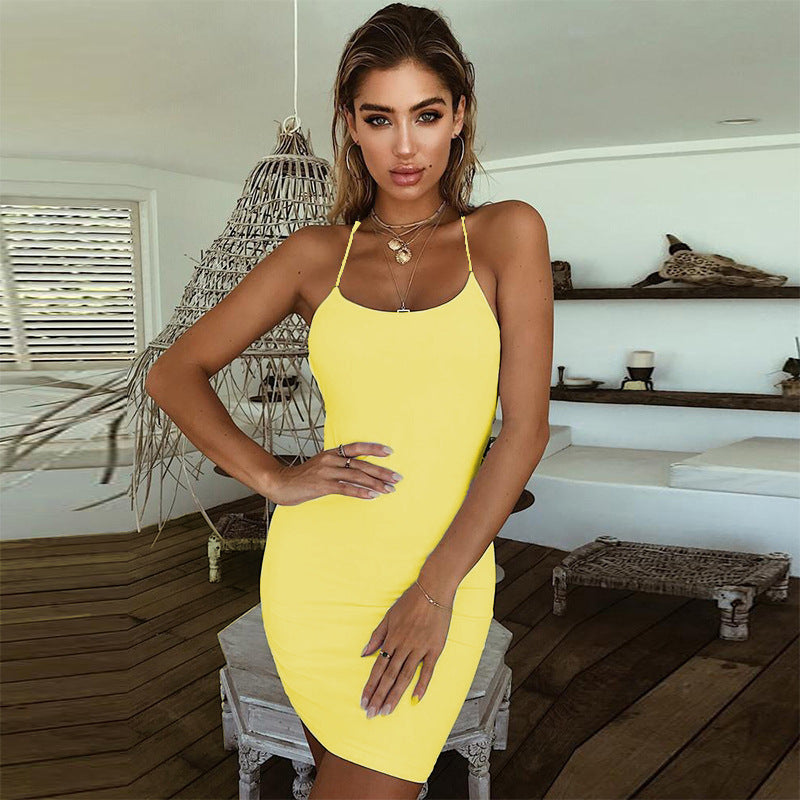 Solid Color Backless Midi Dress Strap