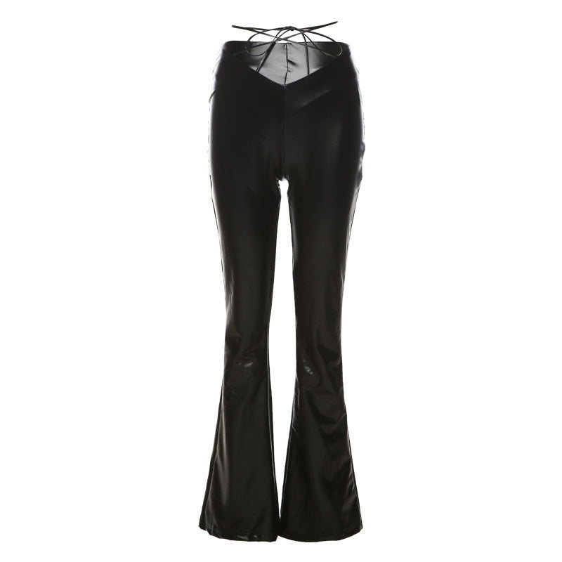 High-waist Straight Tube Wide Leg Bandage Slim Leather Casual Pants