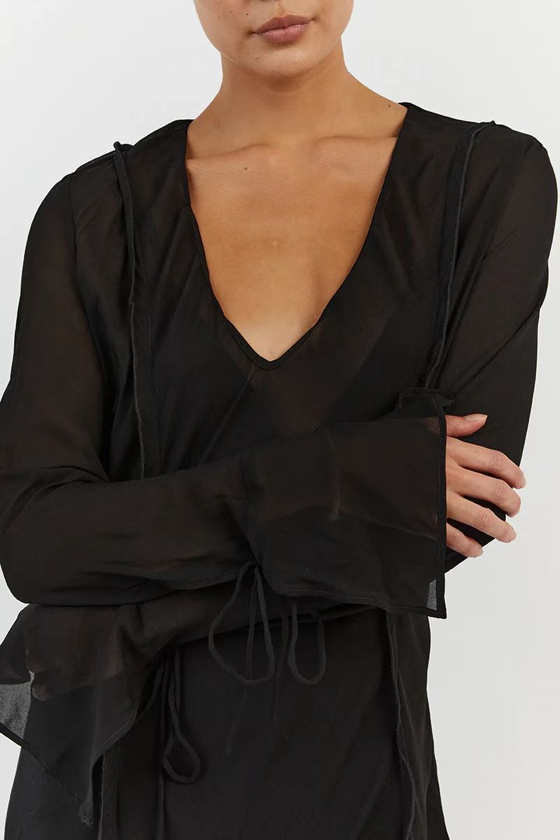 See-through V-neck Loose Lotus Leaf Women's Dress