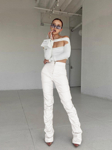 PU Leather Pleated High Waist