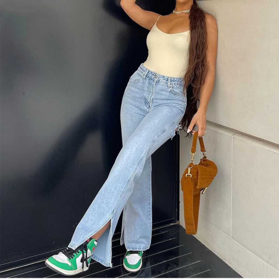 High Waist Stretch Ripped Hem Slit Denim