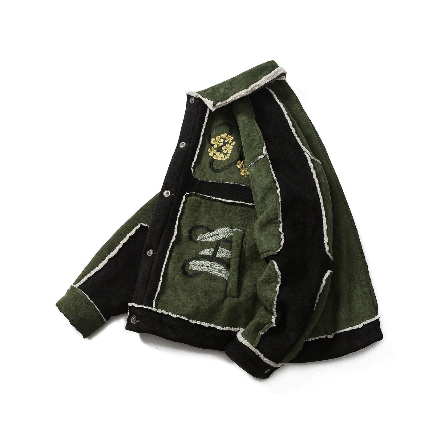 Color Contrast Patchwork Suede Lambswool Coat