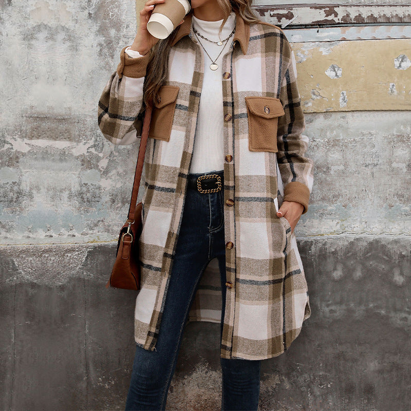 New Brushed Plaid Long Coat With Pockets Fashion Winter Jacket Outwear