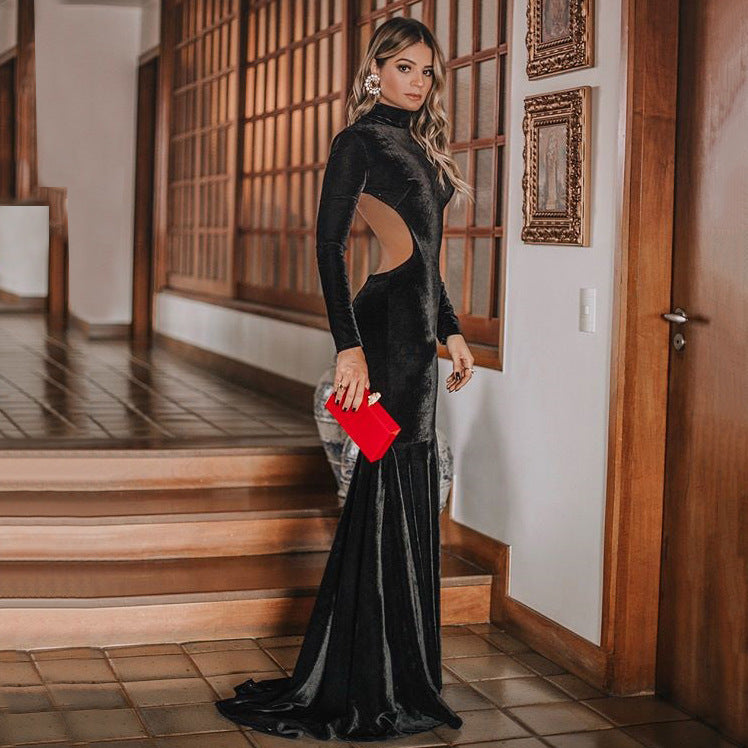 Women's Fashion Pure Black Dress Trailing Dress