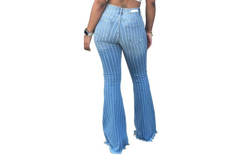 Fashion Ladies Blue High Waist Striped Flare Jeans