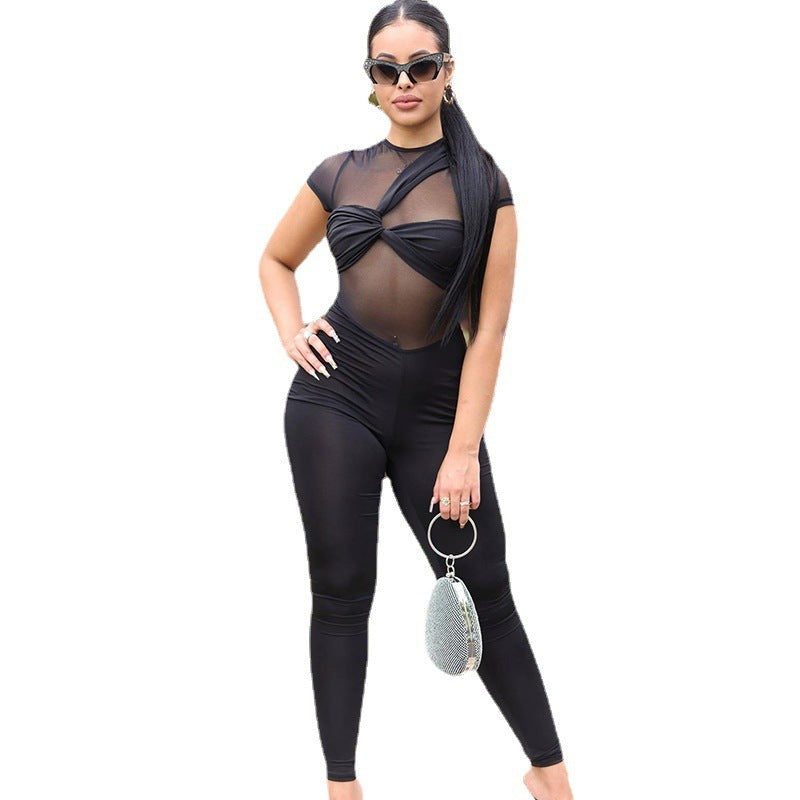 Mesh Splice Sexy Perspective Solid Color Slim Body Lifting Hip Jumpsuit