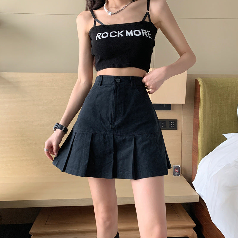Half-length Skirt High Waist Slim Slimming Pleated Denim A-line Skirt