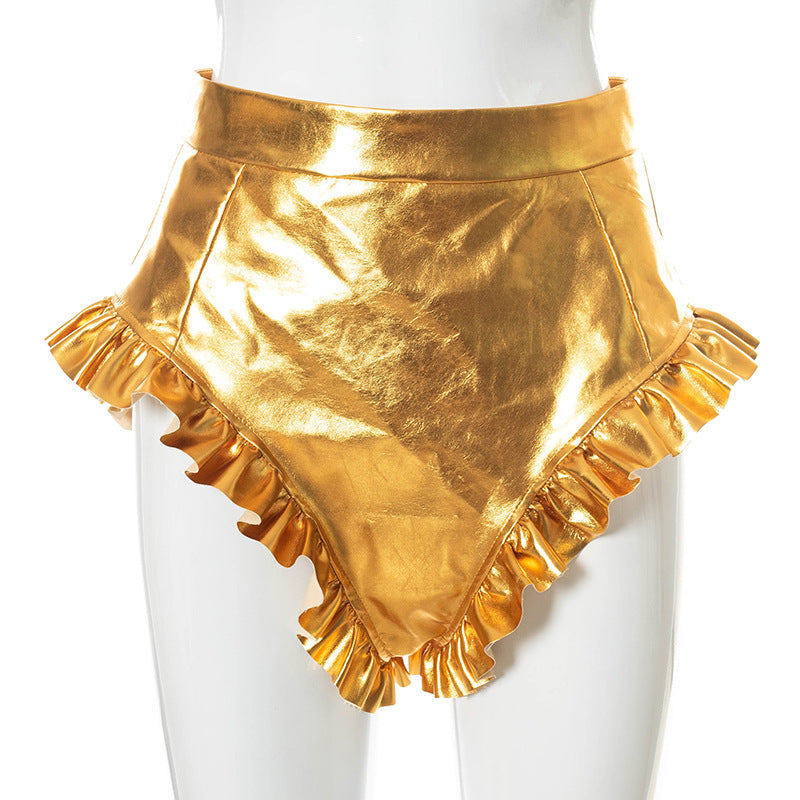 Women's PU Leather Shorts With Wooden Ears
