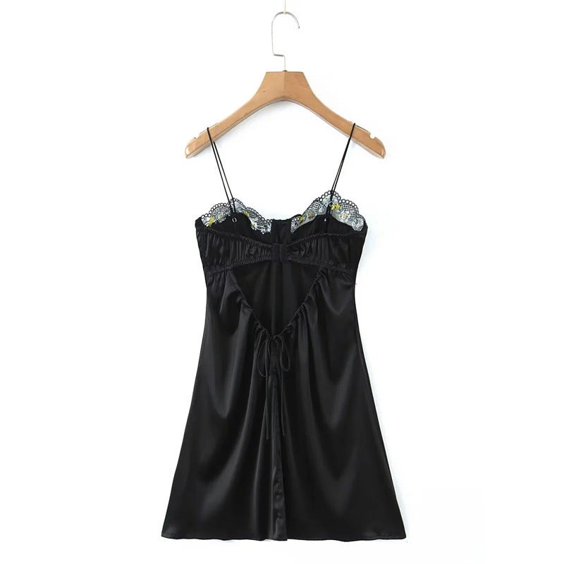 High Waist Lace-up Embroidered Lace Sling Dress