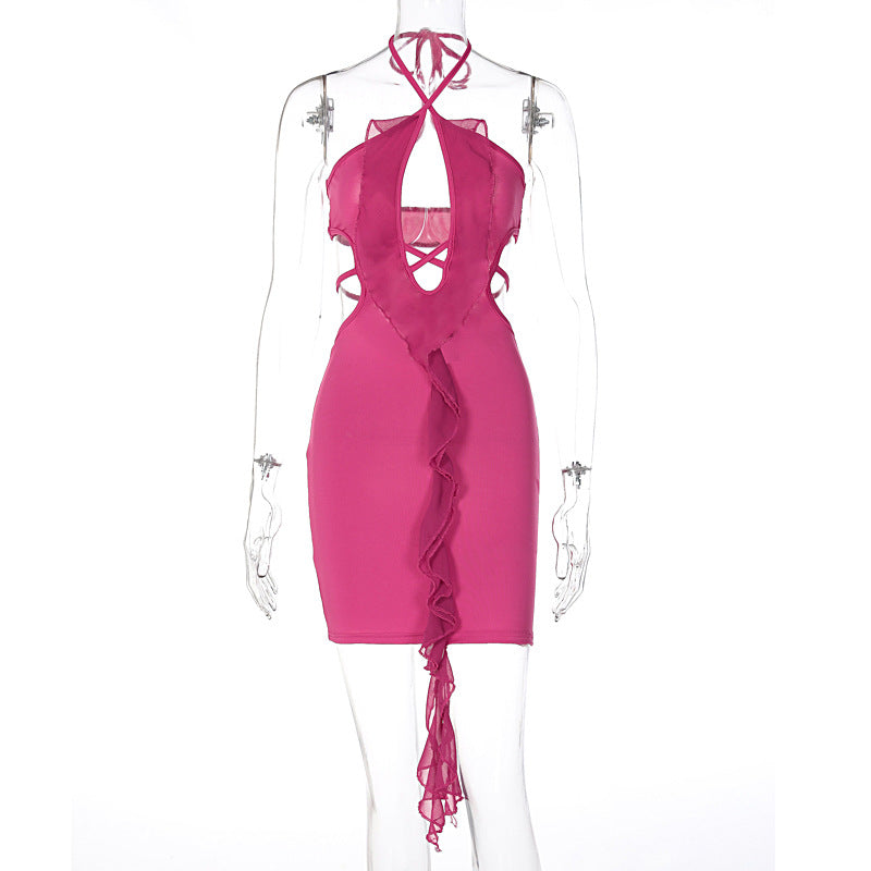 Fashion Hollowed-out Lace-up Fungus Sheath Short Dress