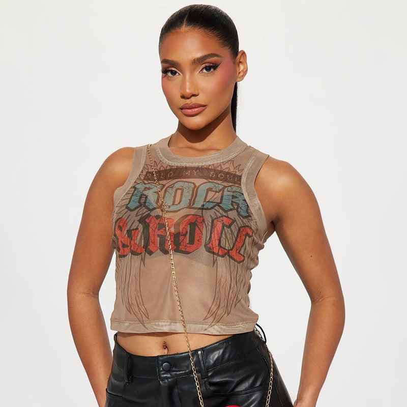 Fashionable See-through Mesh Floral Print Round Neck Sleeveless Short Vest