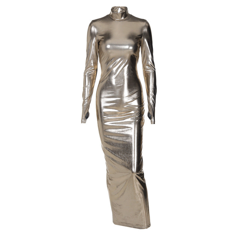 Polyester Sexy Backless Pleated Solid Color Long Sleeve Finger Stall Dress