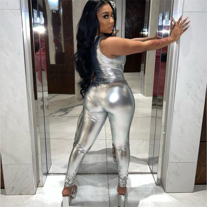 Shiny One Shoulder Top High Waist
