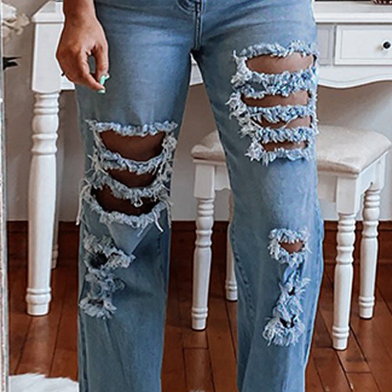 Washed And Worn Straight-leg Distressed Jeans