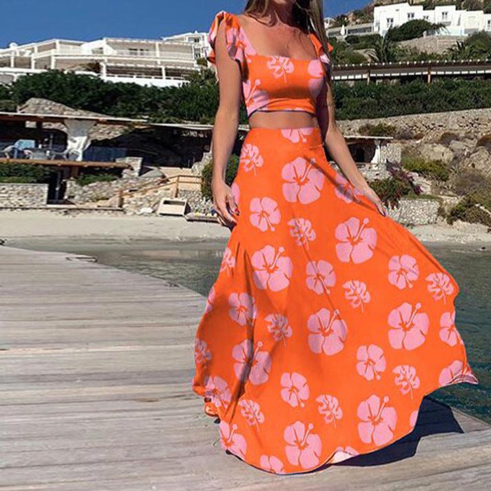 Flower Sleeveless Dress Two Piece Set