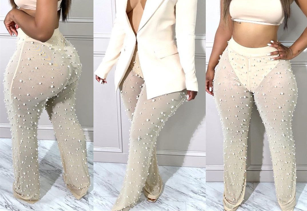 Rubber Mesh Foam Beads Decorative Wide Leg Beaded Pants With Underpants