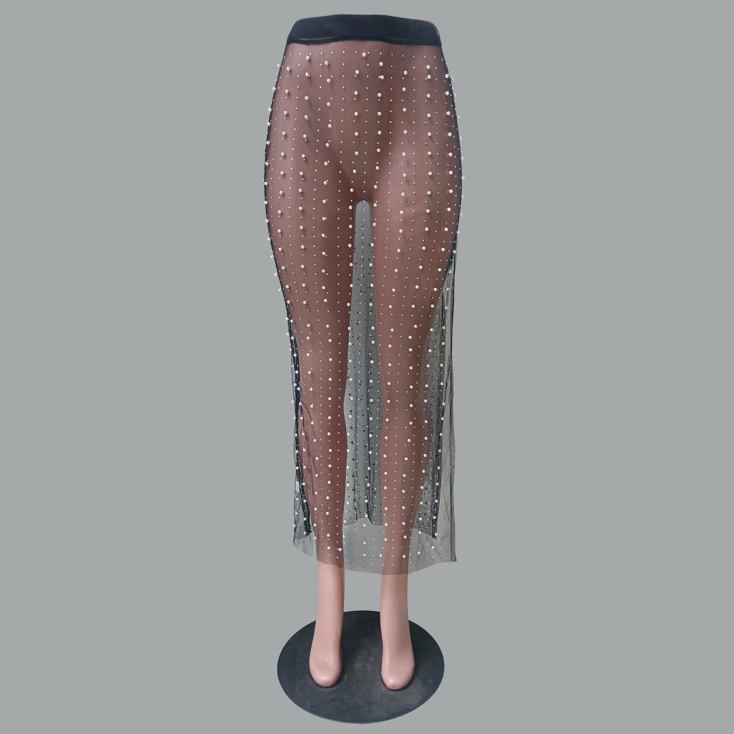 Women's Fashion Bead Rhinestone Split Mesh Skirt