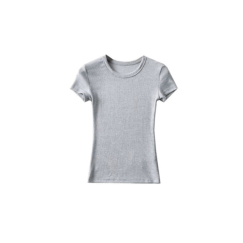 Basic Style Round Neck Tight Stretch Solid Color Short Sleeve T-shirt Top