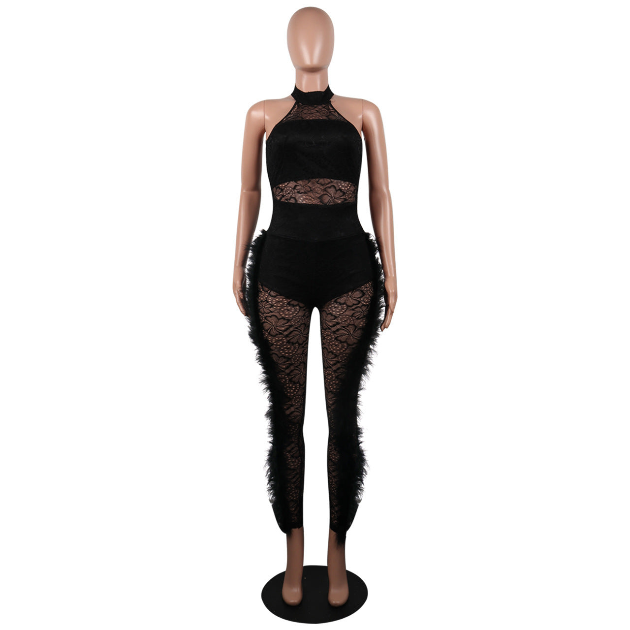 Solid Color Feather Trim Jumpsuit