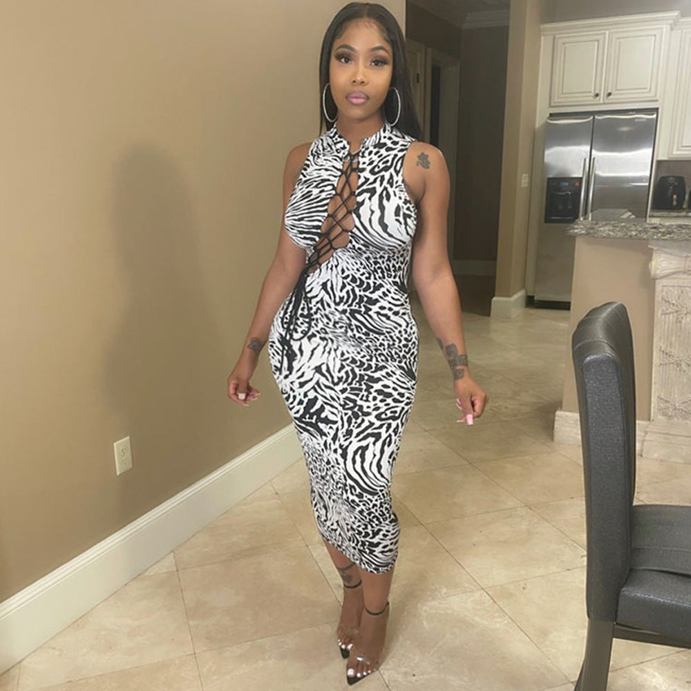 Women's Dress Printed Lace-up Cutout