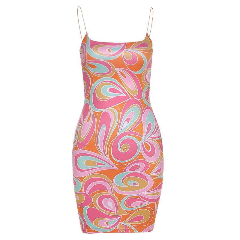 Women's Suspenders Sexy Backless One-shoulder Fashion Printed Slim Dress