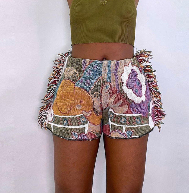 Printed Tassel Bag Hip Ethnic Style Tweed Casual Shorts