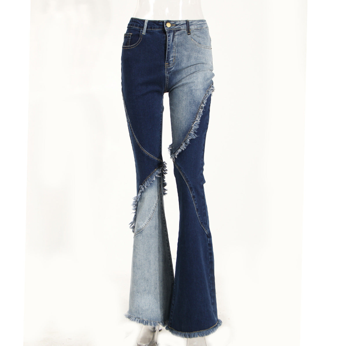 Geometric Raw Edge Jeans With High Waistline And Slimming Effect