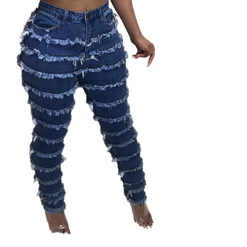 Women's Fashion Washed Fringe Skinny Stretch Jeans