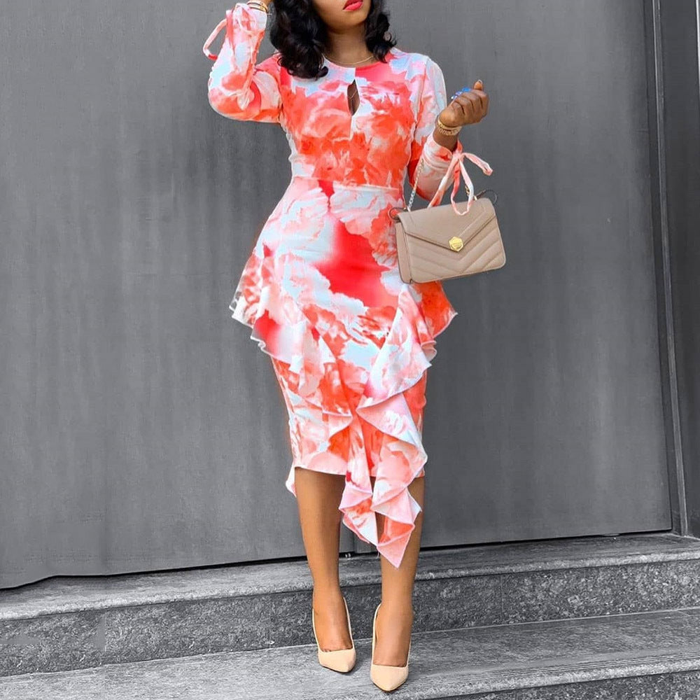 Women's Fashionable Printed Ruffled Dress