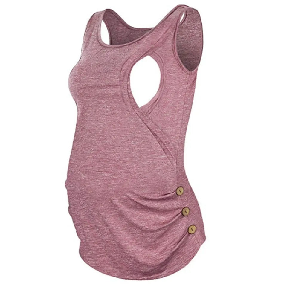 Sleeveless Solid Color Round Neck Button Vest Pregnant Women Breastfeeding Top