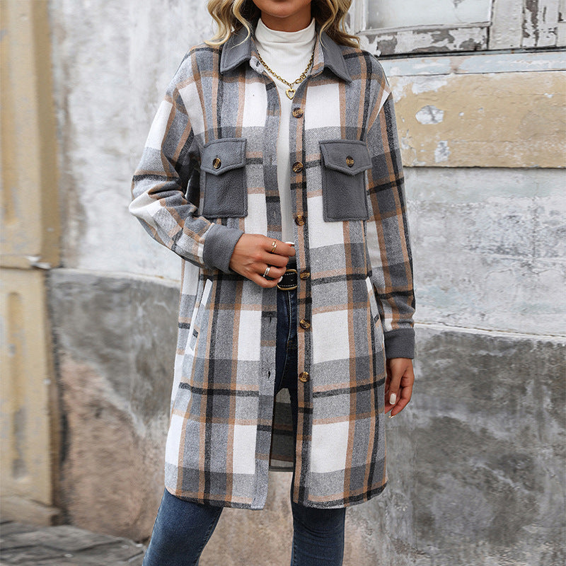 New Brushed Plaid Long Coat With Pockets Fashion Winter Jacket Outwear