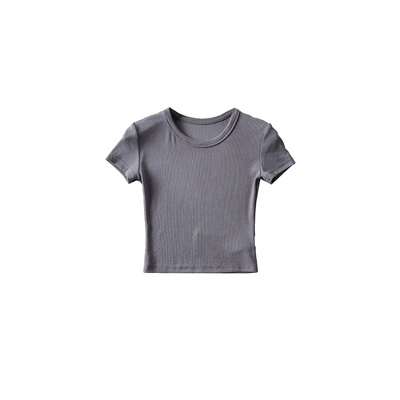 Basic Style Round Neck Tight Stretch Solid Color Short Sleeve T-shirt Top