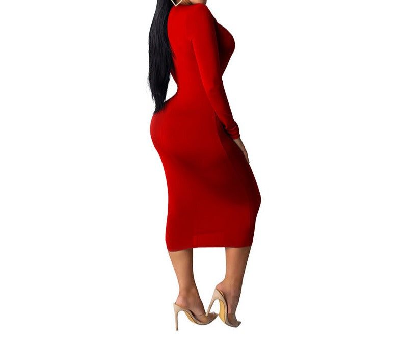 Fashion Deep V Neck Hip Dress Long Sleeve Dress