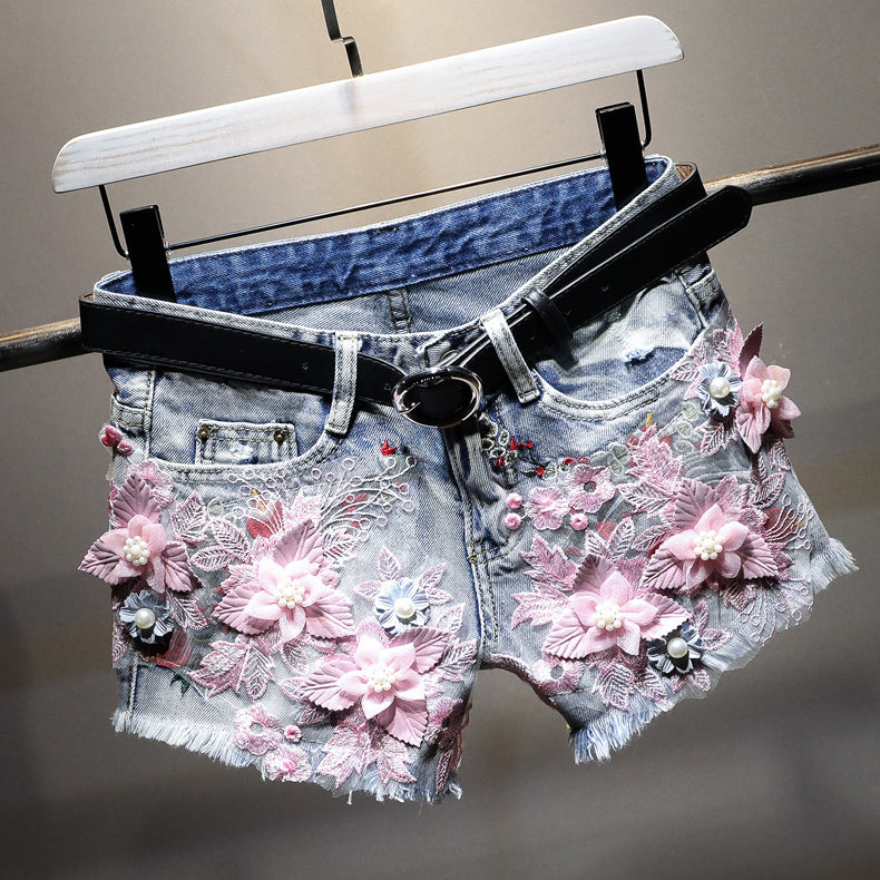Denim Shorts Women New Flowers