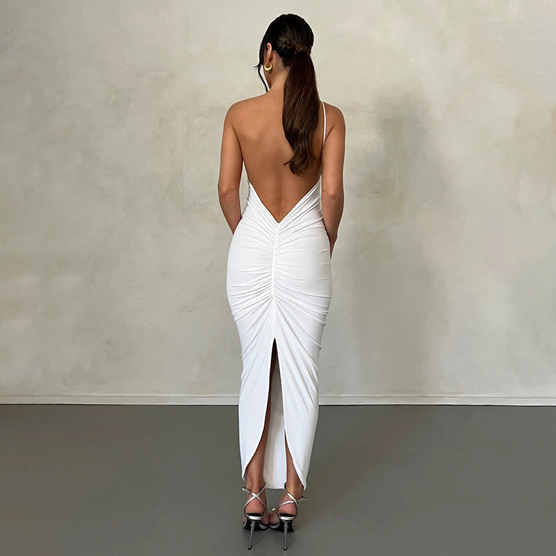Hot Girl Diagonal Collar Sleeveless Tight Backless Dress