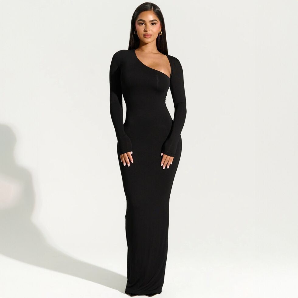 Women's Long Sleeve Diagonal Collar Slim Back Slit Dress