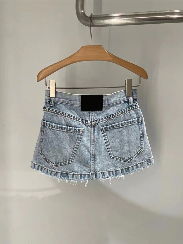 Washed And Made Of Old Design Feeling Raw Hem Denim Skirt