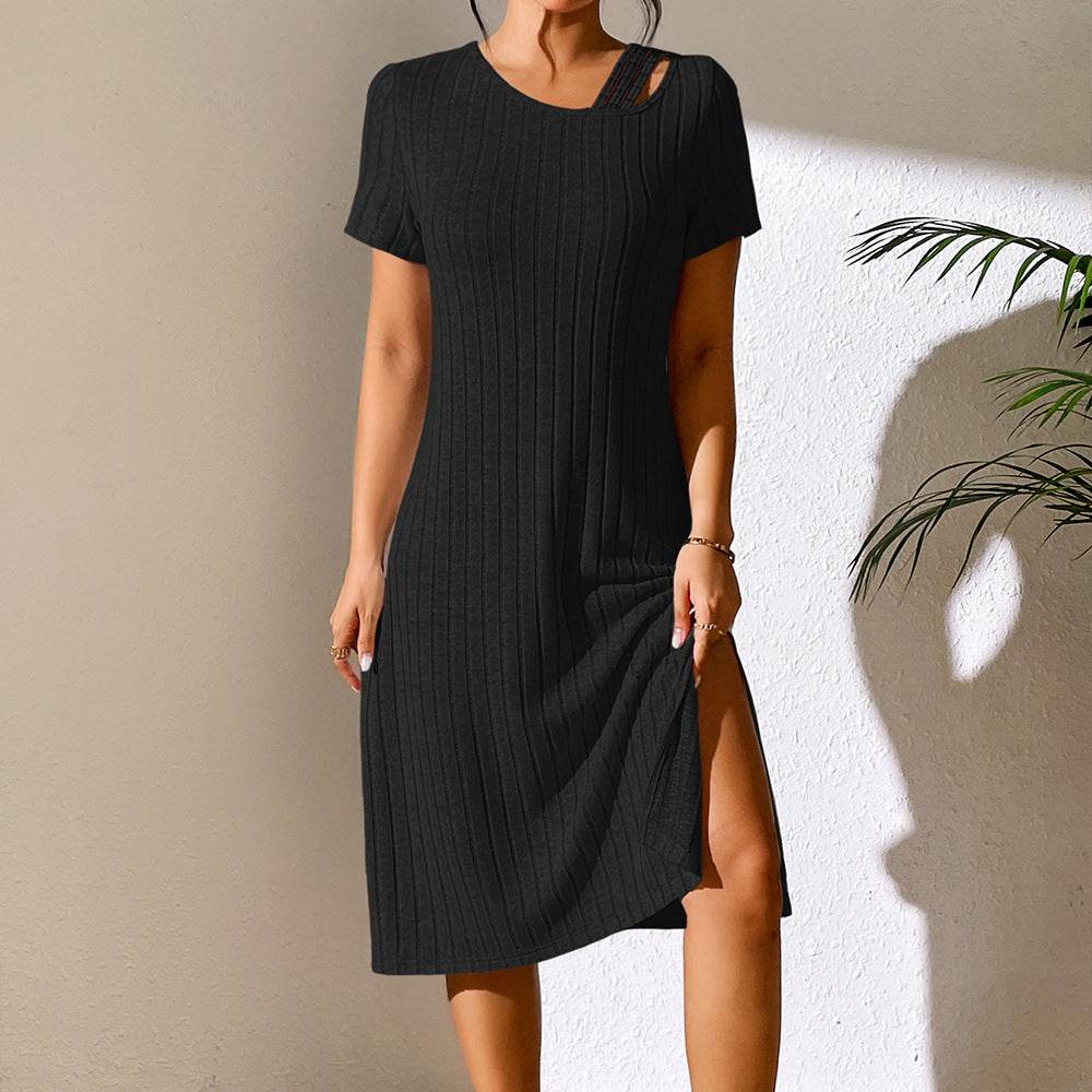 Cross Border Women's Solid Color Sexy Slit Slim Fit Hip Short Sleeve Dress