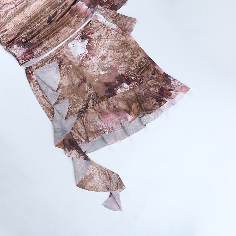 Ruffled Round Neck Printing Short Sleeve