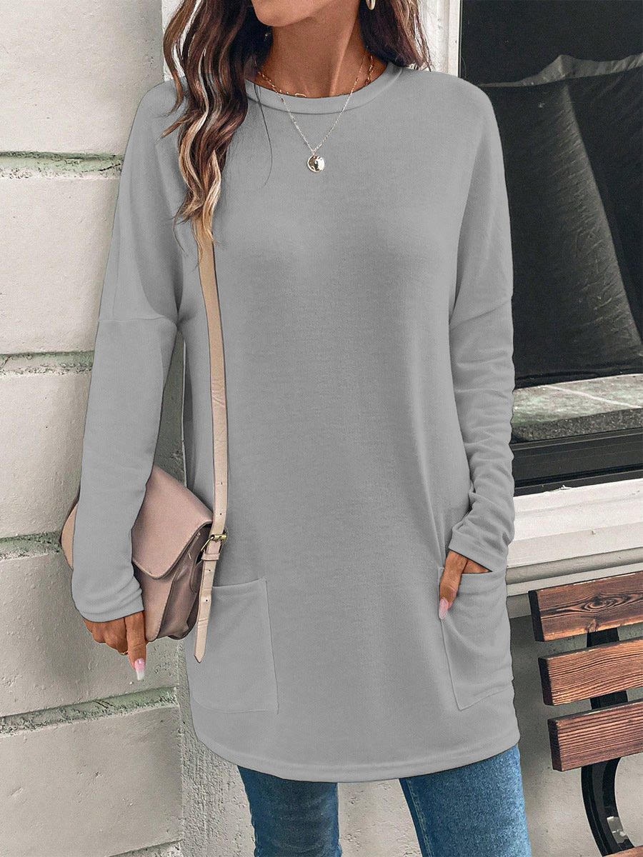 Solid Color Long Sleeve Loose Round Neck Pocket Top T-shirt
