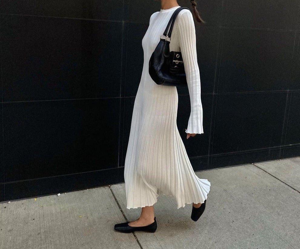 Flare Sleeve Tie-neck Solid Color Casual Dress
