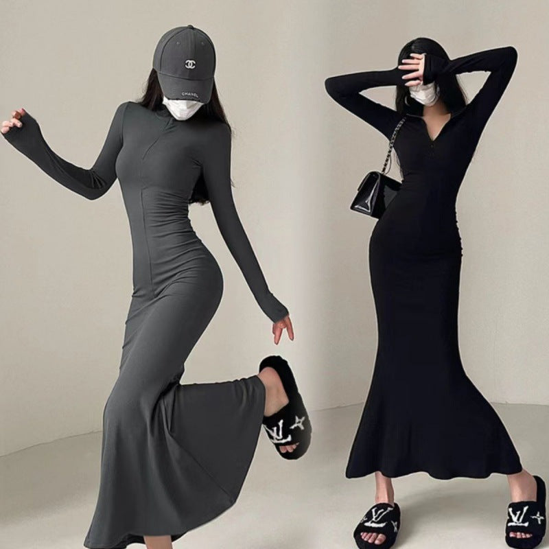 Tight Zipper And Lapel Long Sleeve Fishtail Dress