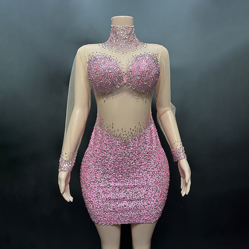 Perspective Gauze Collar Zipper Style Slim Short Dress