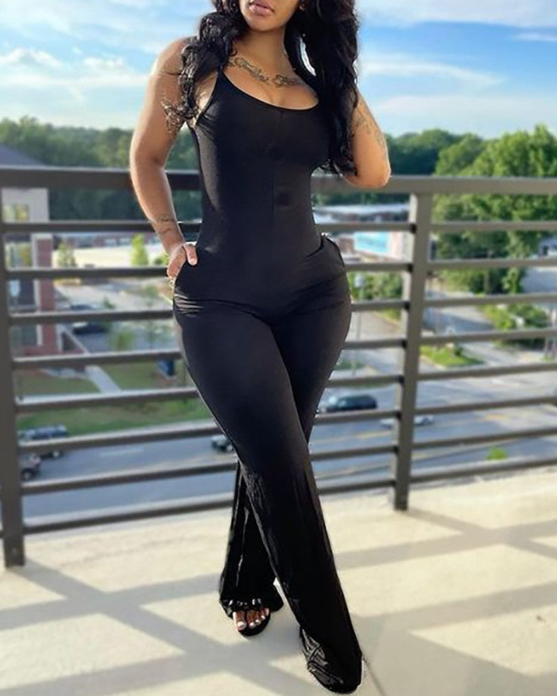 Women's Fashion Casual U-neck Spaghetti Straps Sleeveless Pocket Jumpsuit