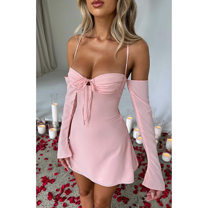 Women's Slim-fit Halter Spaghetti Straps-sleeve Lace-up A- Line Dress