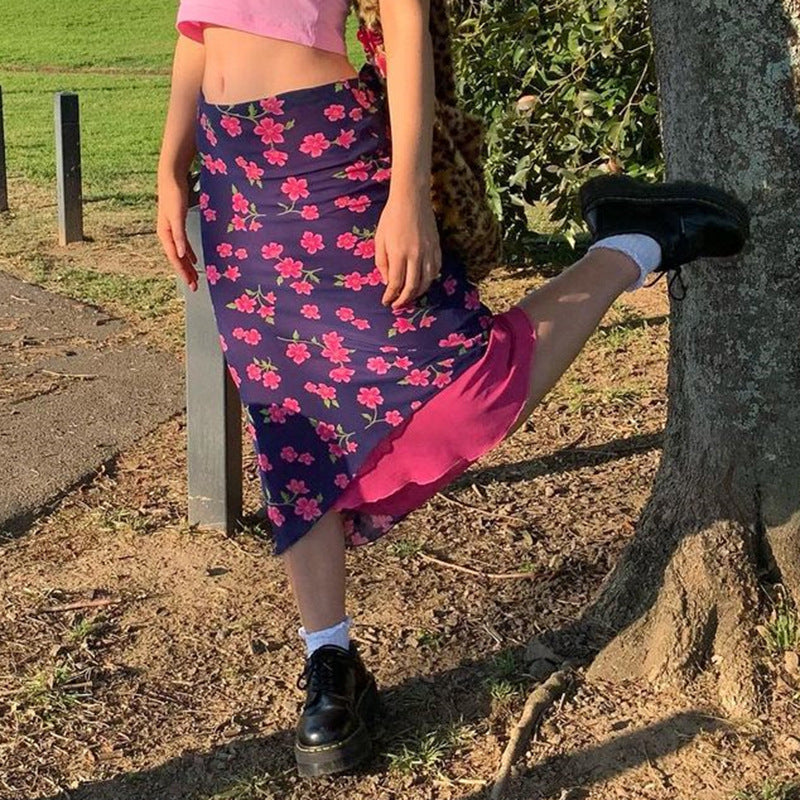 New Women's Plum Blossom Print Chiffon Slim Slimming Skirt Long Skirt