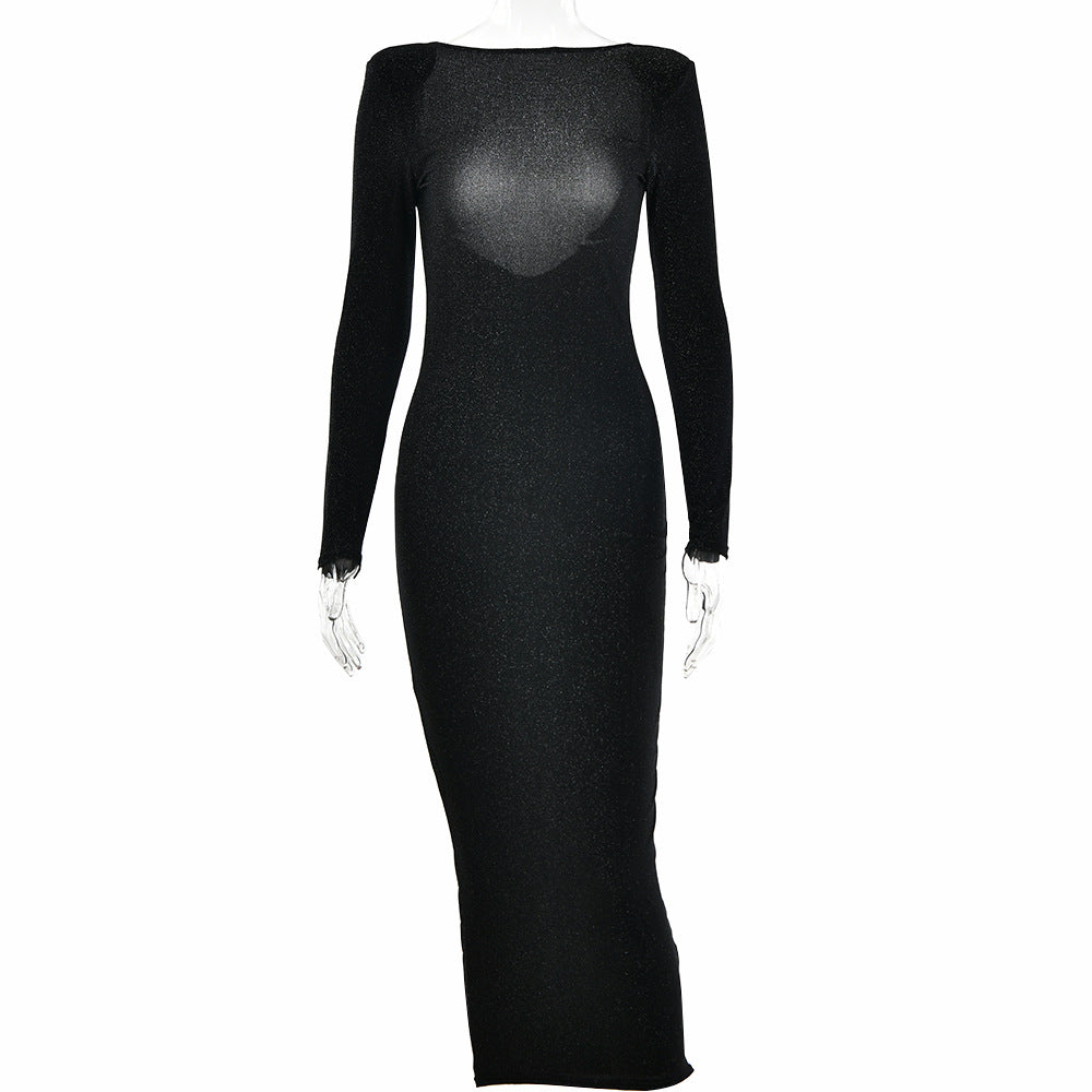 A Line Neck Bright Silk Dress Party Style Sexy Spice Girls Show Back Slim-fit One-step Dress